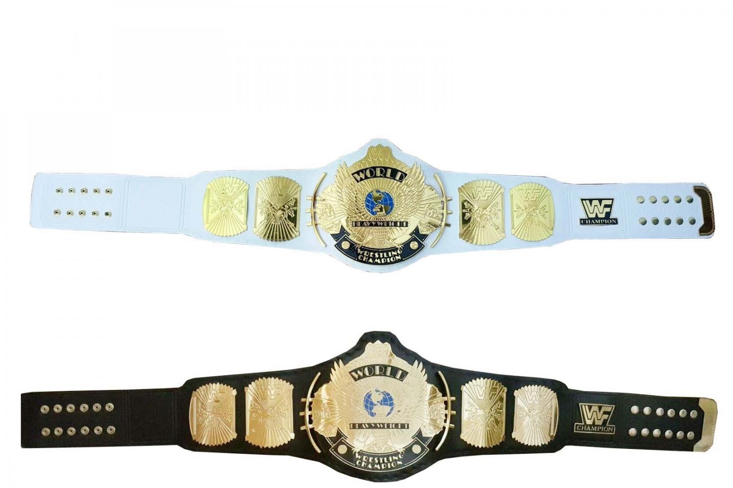 WINGED EAGLE BLACK AND WHITE LEATHER STRAP WRESTLING CHAMPIONSHIP 2 BELT DEAL ADULT SIZE