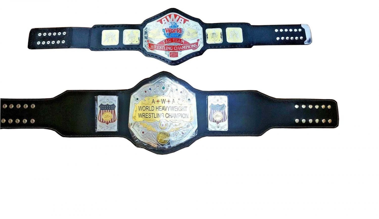 AWA  WORLD TAG TEAM AND AWA WORLD HEAVYWEIGHT WRESTLING CHAMPIONSHIP 2 BELT DEAL ADULT SIZE