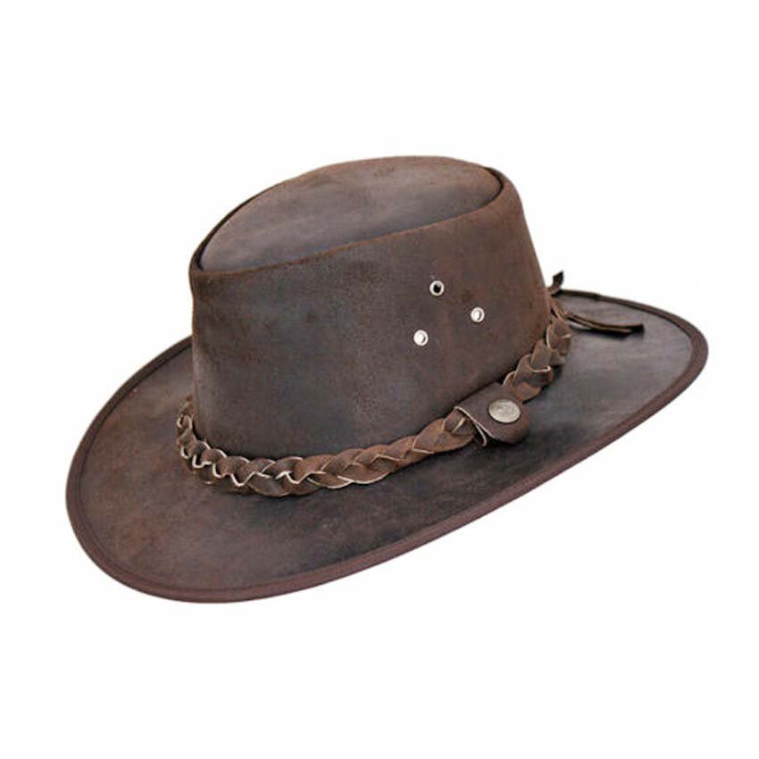 Western Cowboy Leather Hat Aussie Style Bush Distress Brown Hat FG5390 Size 61 to 62 2XL