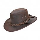 Western Cowboy Leather Hat Aussie Style Bush Distress Brown Hat FG5390 Size 61 to 62 2XL