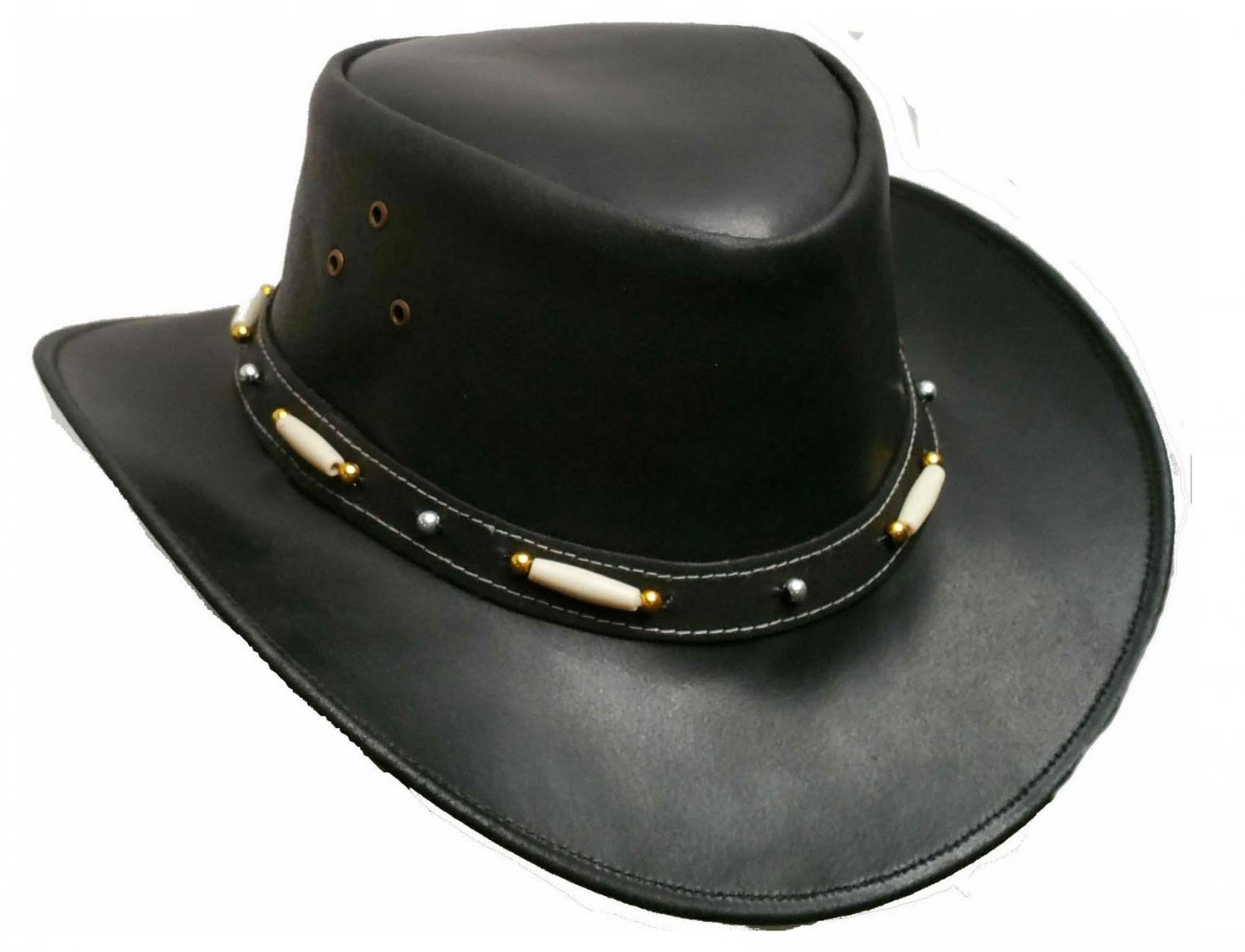 Western Cowboy Leather Hat Aussie Style Bush Distress Black Hat VJ789 Hat Size 60 XL