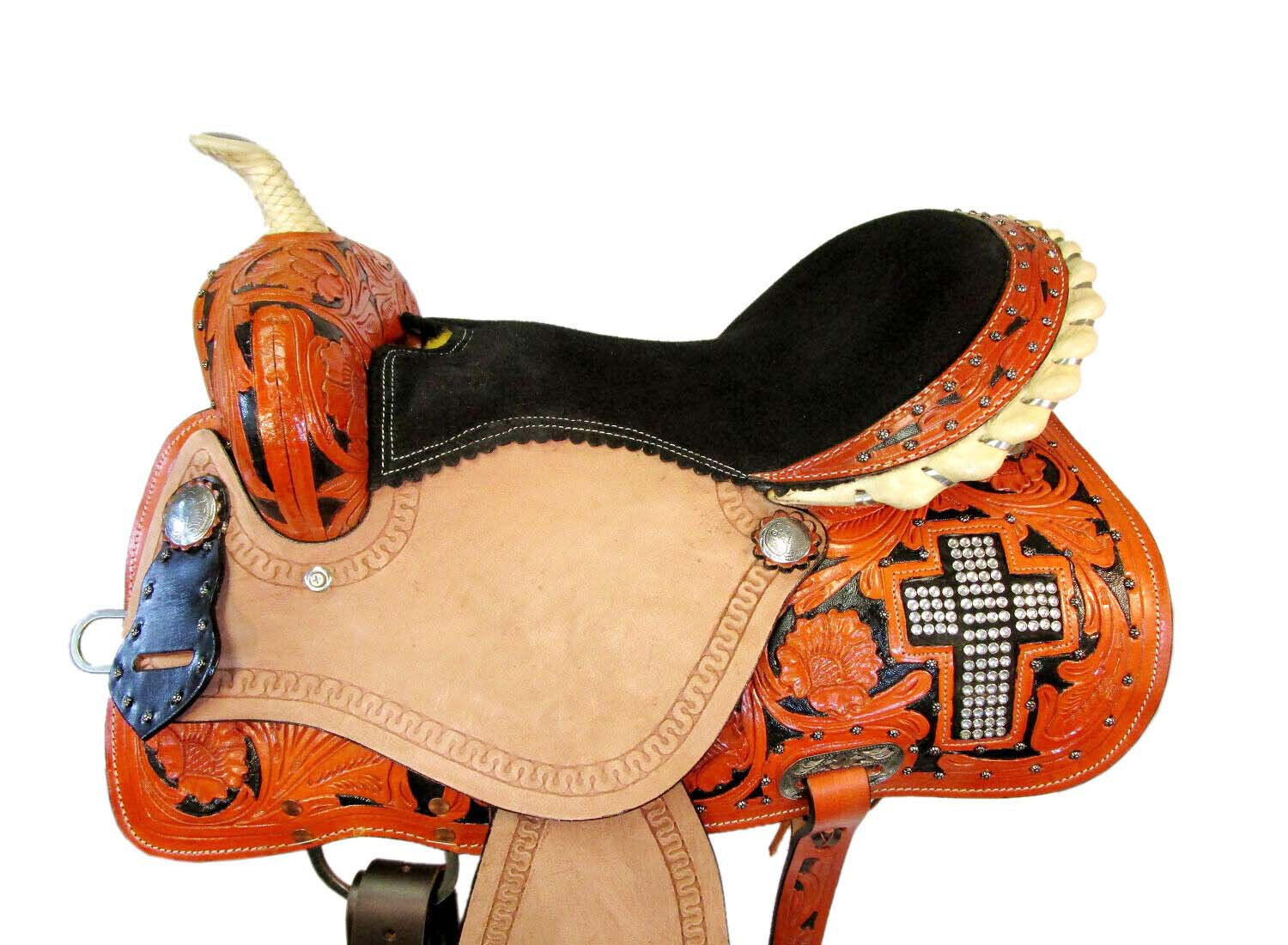 WESTERN HORSE SADDLE TACK SET TOOLED LEATHER TRAIL PLEASURE PREMIUM QUALITY BROWN COLOR SIZE 15
