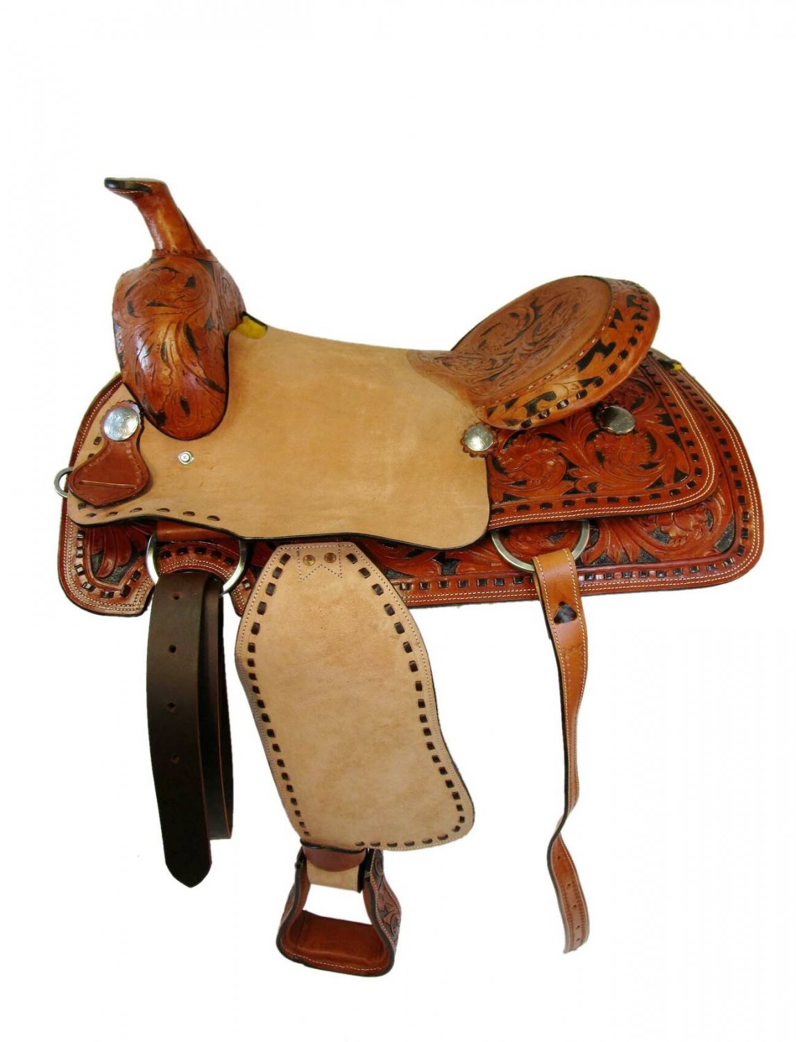 WESTERN HORSE SADDLE TOOLED EMBOSSED LEATHER TRAIL PLEASURE PREMIUM QUALITY BROWN COLOR SIZE 15