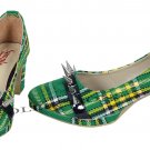 WOMEN TARTAN SHOES GREEN COLOURE SCOTTISH TRADITIONAL FASHION STUDD HIGHLAND WEAR SHOES US SIZE 12