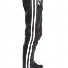 Men's Real Leather Biker Style Fashion Black Pant White Stripes Front And Back Pockets