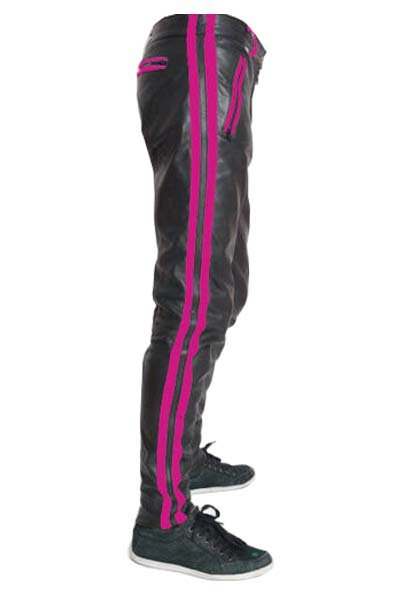 Men's Real Leather Biker Style Fashion Black Pant Pink Stripes Front And Back Pockets