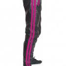 Men's Real Leather Biker Style Fashion Black Pant Pink Stripes Front And Back Pockets