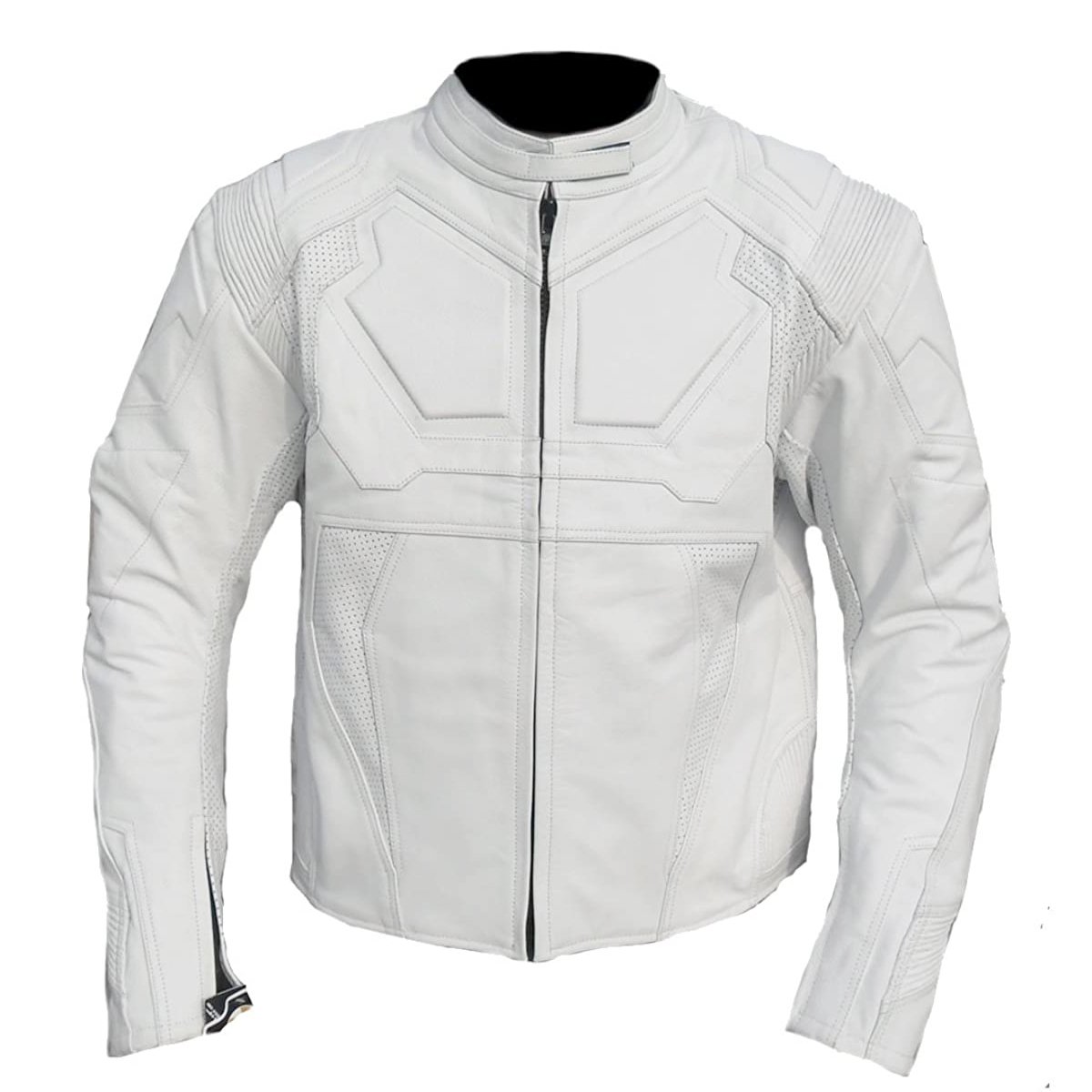 Men's White Leather Jacket Motorcycle Mesh Panel Cafe Racer Distressed