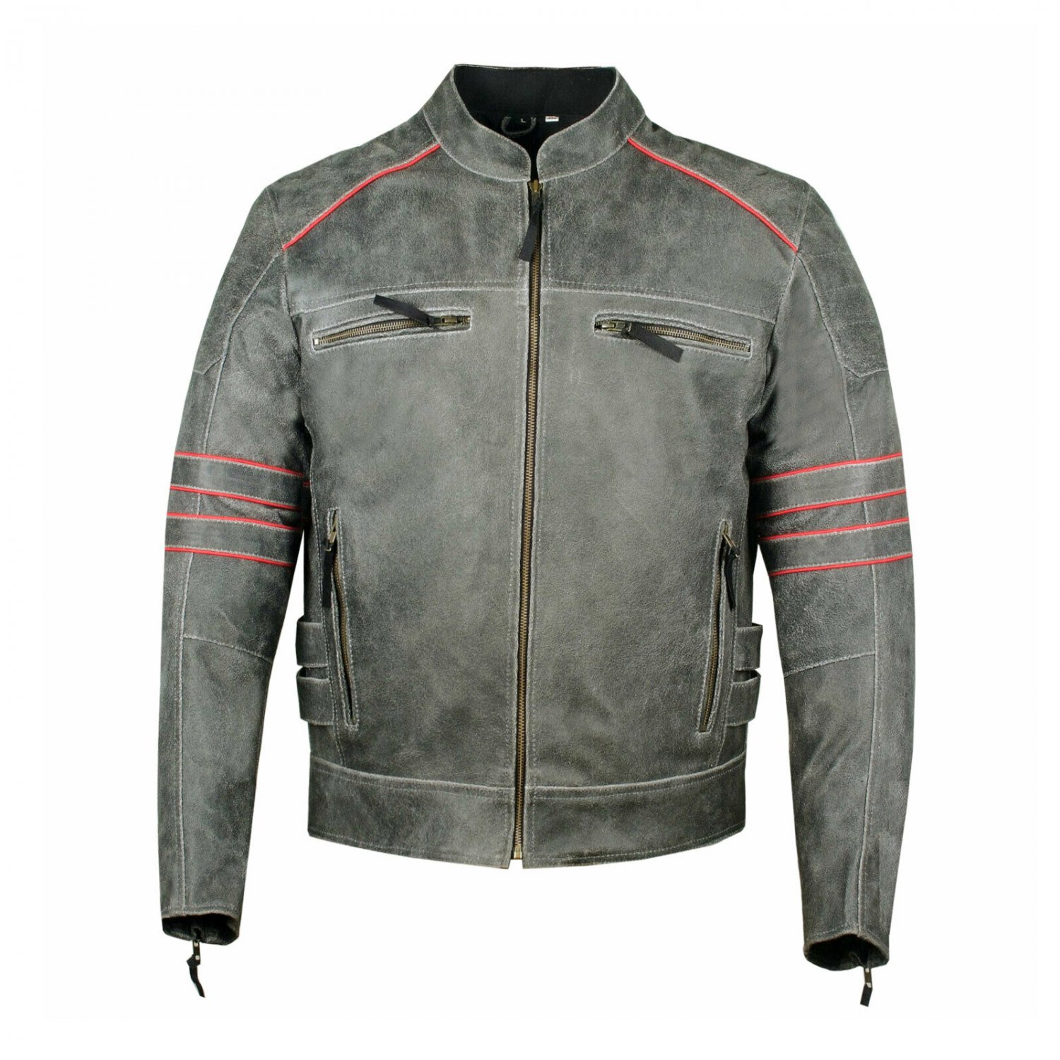 Men's Black Leather Jacket Motorcycle Red Piping Cafe Racer Distressed Armor Biker