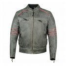 Men's Black Leather Jacket Motorcycle Red Piping Cafe Racer Distressed Armor Biker