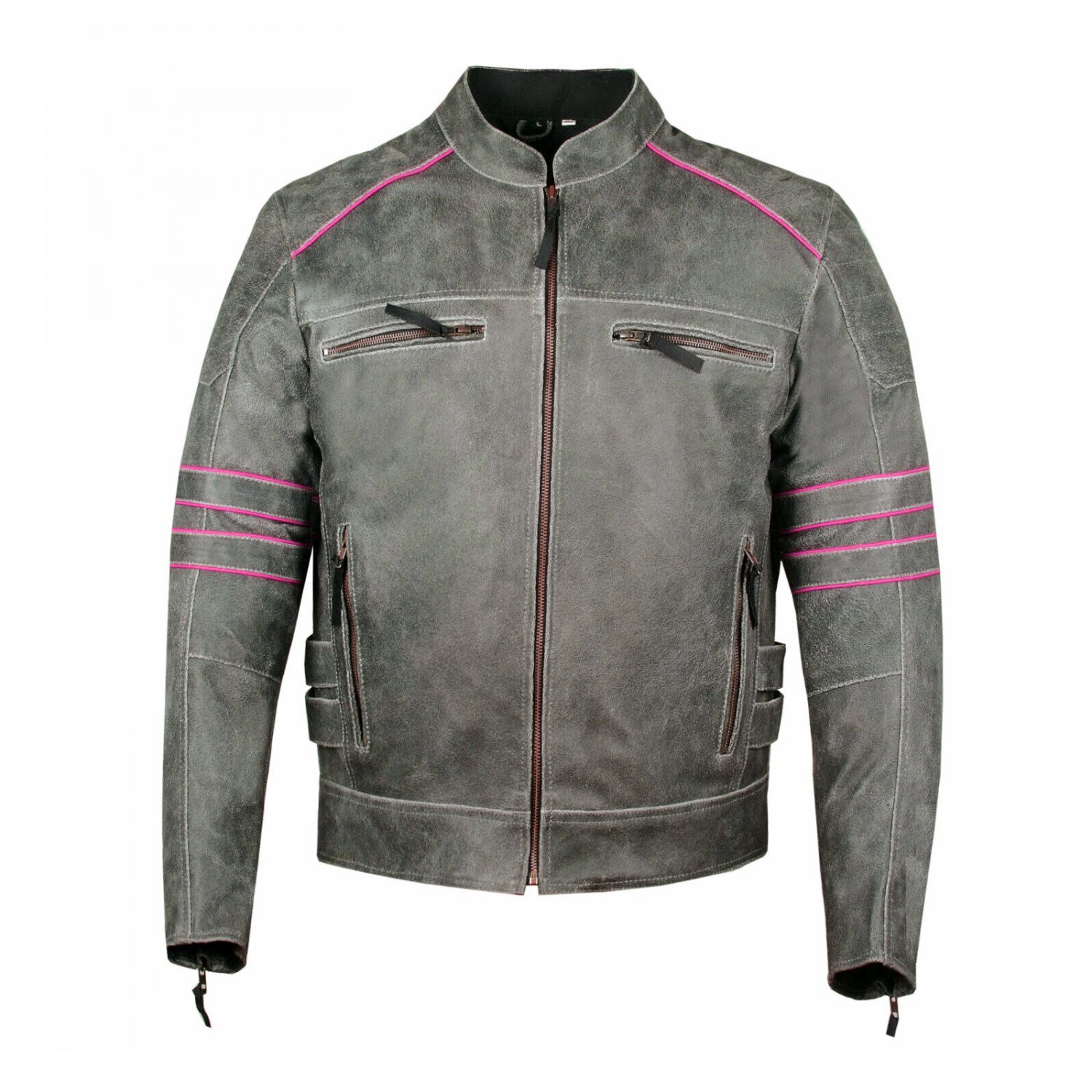 Men's Black Leather Jacket Motorcycle Pink Piping Cafe Racer Distressed Armor Biker