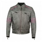 Men's Black Leather Jacket Motorcycle Pink Piping Cafe Racer Distressed Armor Biker