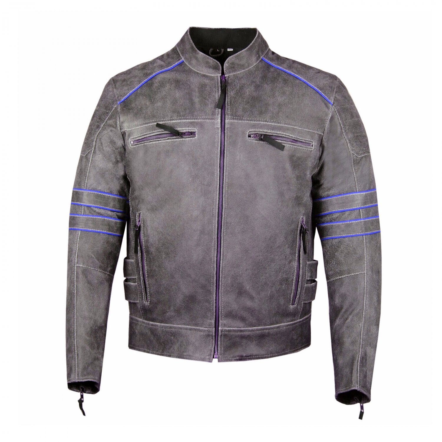 Men's Black Leather Jacket Motorcycle Blue Piping Cafe Racer Distressed Armor Biker