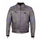Men's Black Leather Jacket Motorcycle Blue Piping Cafe Racer Distressed Armor Biker
