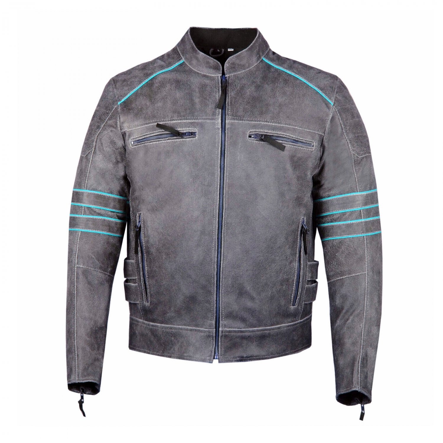 Men's Black Leather Jacket Motorcycle Lime Blue Piping Cafe Racer Distressed Armor Biker