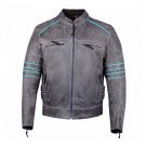 Men's Black Leather Jacket Motorcycle Lime Blue Piping Cafe Racer Distressed Armor Biker