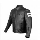 Men's Black Leather Jacket White Contrast Panel Motorcycle Style Fashion Attractive Look