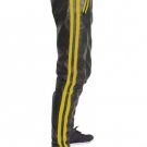 Men's Real Leather Biker Style Fashion Black Pant Yellow Stripes Front And Back Pockets