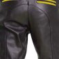 Men's Real Leather Biker Style Fashion Black Pant Yellow Stripes Front And Back Pockets