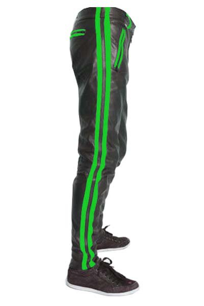 Men's Real Leather Biker Style Fashion Black Pant Green Stripes Front And Back Pockets