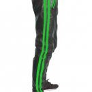 Men's Real Leather Biker Style Fashion Black Pant Green Stripes Front And Back Pockets
