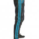 Men's Real Leather Biker Style Fashion Black Pant Blue Stripes Front And Back Pockets