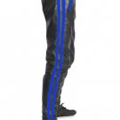 Men's Real Leather Biker Style Fashion Black Pant Blue Stripes Front And Back Pockets