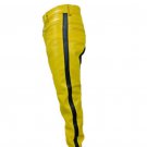 Men's Real Leather Biker Style Fashion Yellow Bluff Bdsm Police Pant Contrast Panel