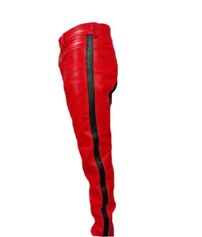 Men's Real Leather Biker Style Fashion Red Bluff Bdsm Police Pant Contrast Panel