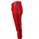 Men's Real Leather Biker Style Fashion Red Bluff Bdsm Police Pant Contrast Panel