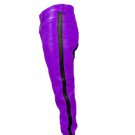 Men's Real Leather Biker Style Fashion Purple Bluff Bdsm Police Pant Contrast Panel