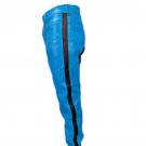Men's Real Leather Biker Style Fashion Lime Blue Bluff Bdsm Police Pant Contrast Panel