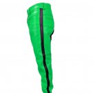 Men's Real Leather Biker Style Fashion Green Bluff Bdsm Police Pant Contrast Panel
