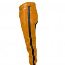 Men's Real Leather Biker Style Fashion Orange Bluff Bdsm Police Pant Contrast Panel