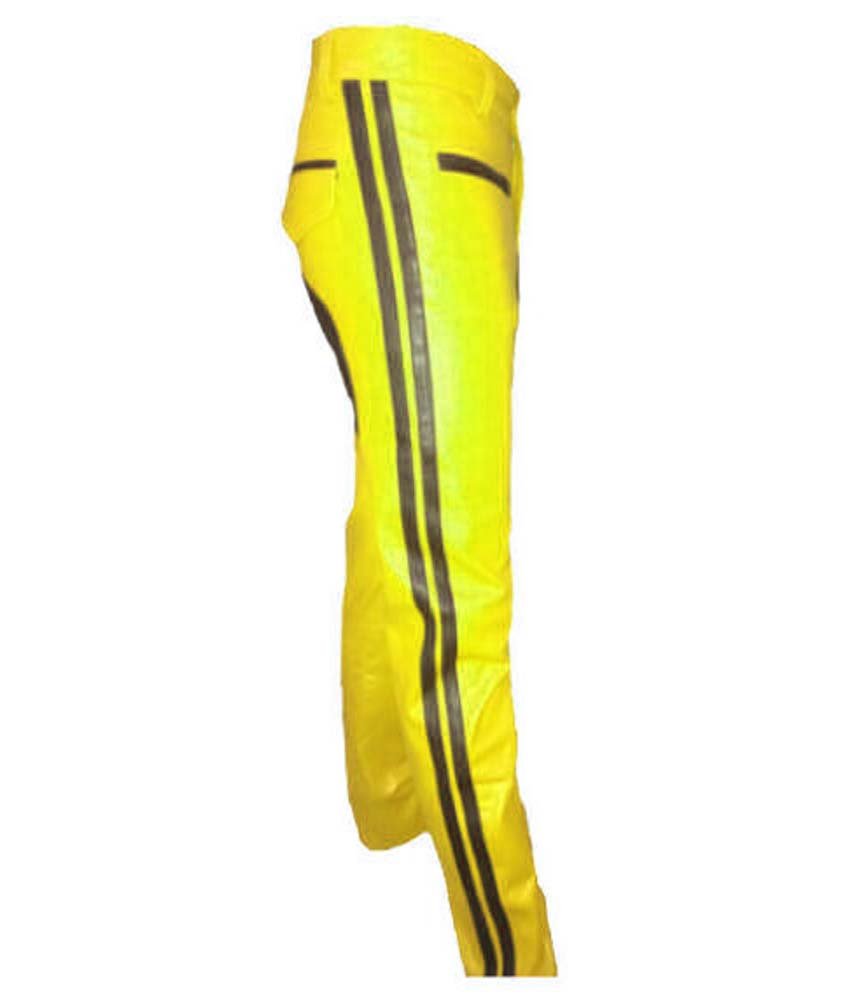 Men's Real Leather Biker Style Fashion Yellow Black Strip Bluff Bdsm Police Pant Contrast Panel