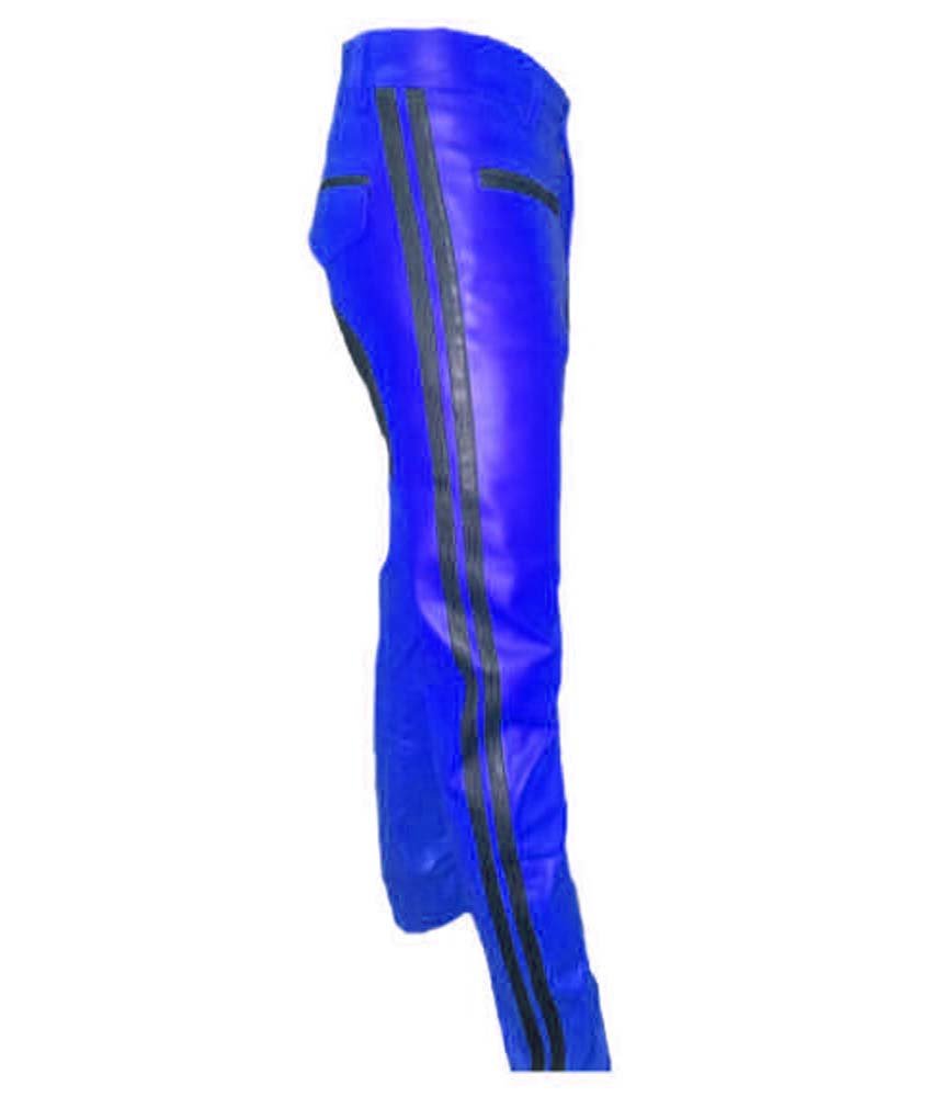 Men's Real Leather Biker Style Fashion Blue Black Strip Bluff Bdsm Police Pant Contrast Panel