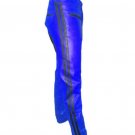 Men's Real Leather Biker Style Fashion Blue Black Strip Bluff Bdsm Police Pant Contrast Panel