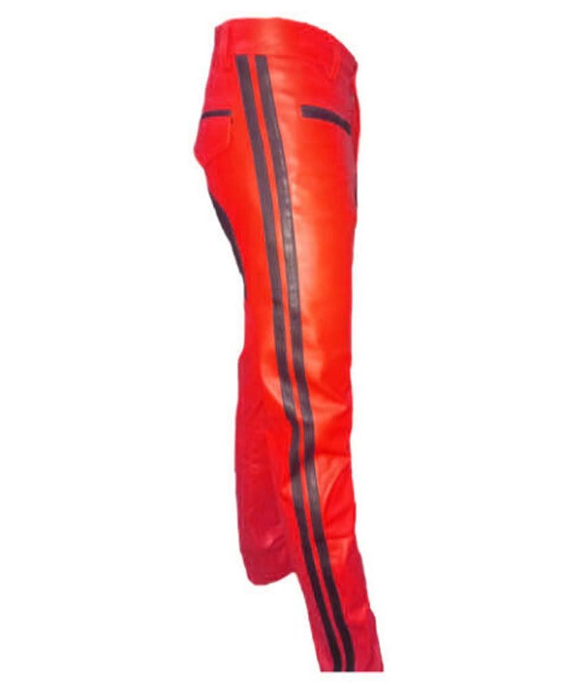 Men's Real Leather Biker Style Fashion Red Black Strip Bluff Bdsm Police Pant Contrast Panel