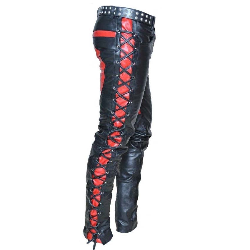 Men's Real Leather Biker Style Fashion Black Side Lace Up Bluff Bdsm Police Pant Red Contrast Panel