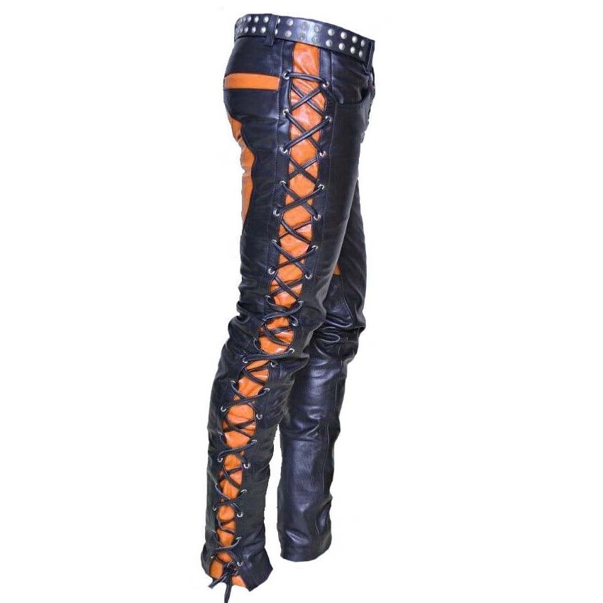 Mens Black And Red Leather Bondage Pants – Heavy Duty Biker Style Jeans Trousers- R2