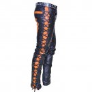 Men's Leather Biker Style Fashion Black Side Lace Up Disco Bluff Bdsm Pant Orange Contrast Panel
