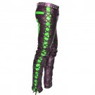 Men's Leather Biker Style Fashion Black Side Lace Up Disco Bluff Bdsm Pant Green Contrast Panel