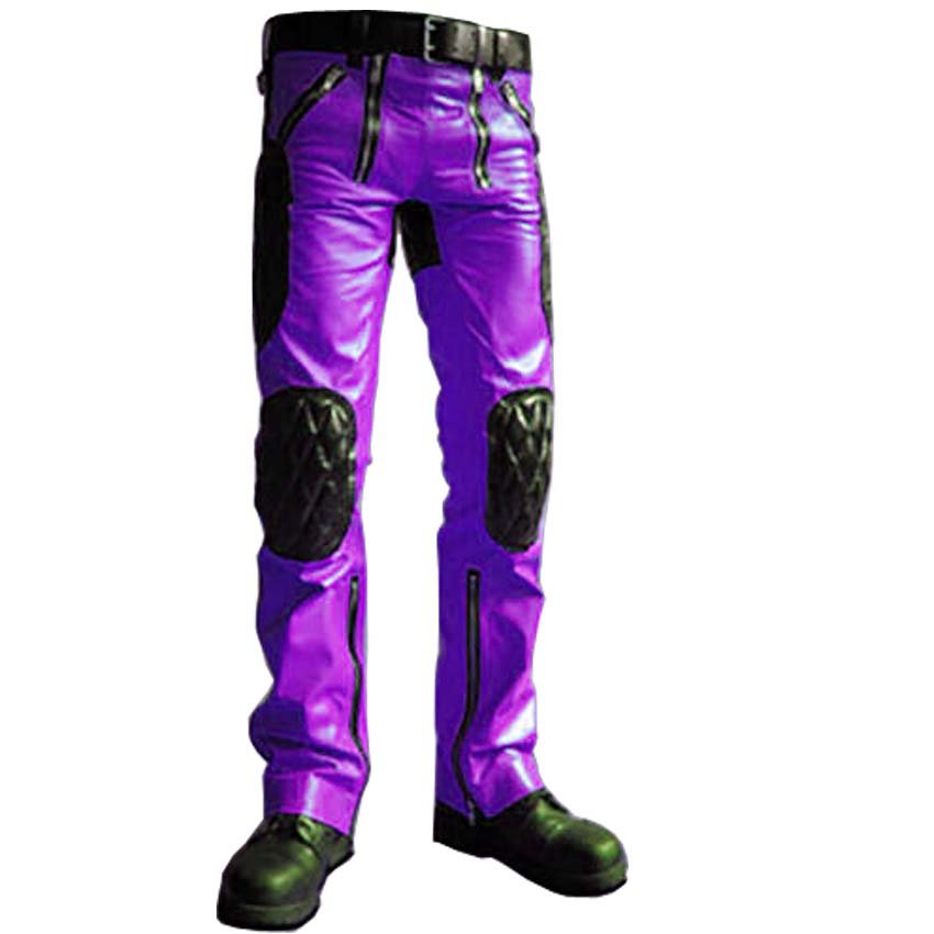 Men's Leather Biker Style Fashion Pant Quilt Panel Bluff Bdsm Purple Pant Contrast Panel Work