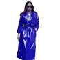 Women Blue Latex Fetish Wear Gothic Fashion Jacket Long Trench Overcoat