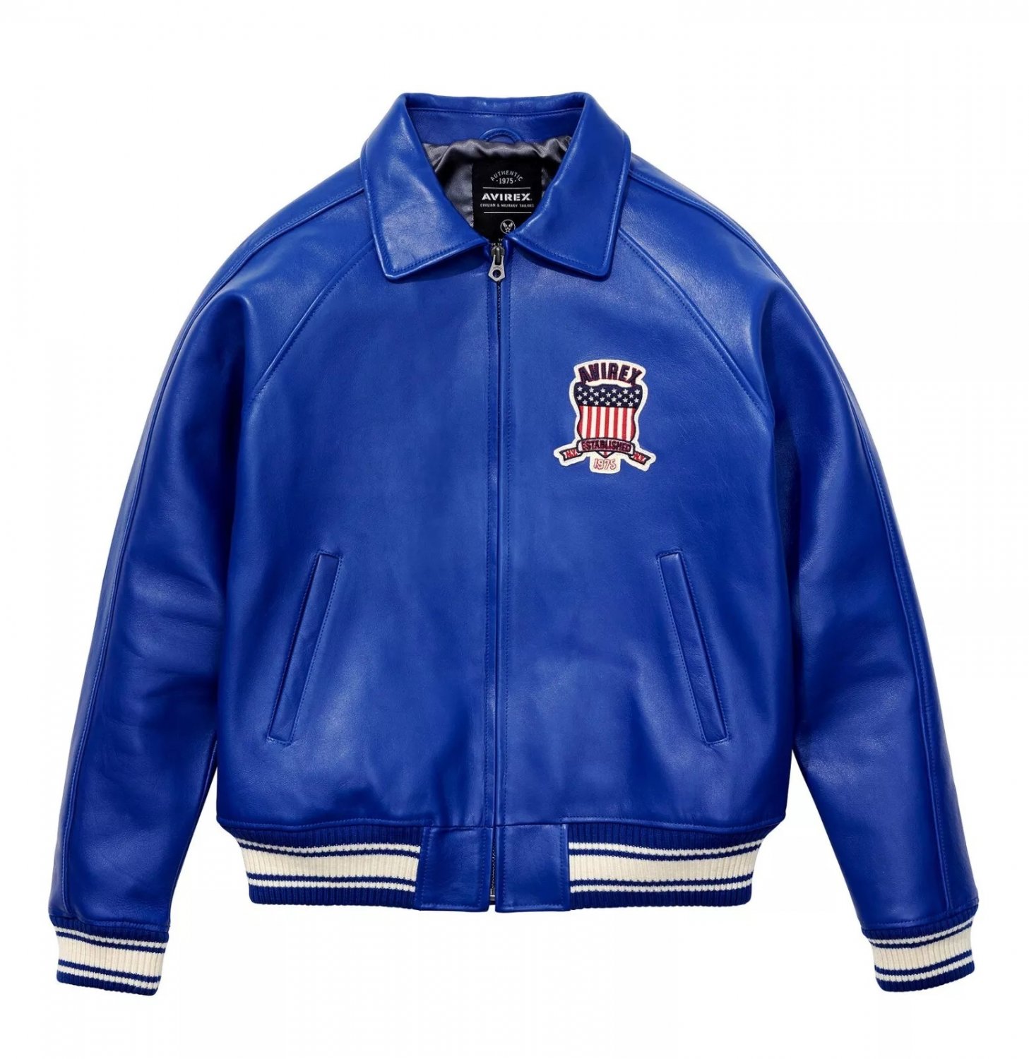 Men AVIREX Bomber Jacket American Flight Jacket Basket Ball Blue Leather Jacket Size XS