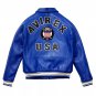 Men AVIREX Bomber Jacket American Flight Jacket Basket Ball Blue Leather Jacket Size L