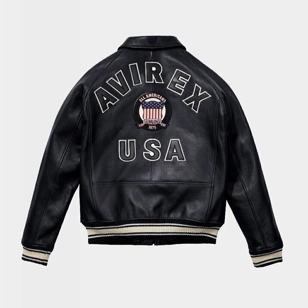 Men AVIREX Bomber Jacket American Flight Jacket Basket Ball Black Leather Jacket Size XS
