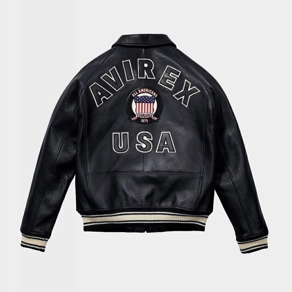 Men AVIREX Bomber Jacket American Flight Jacket Basket Ball Black Leather Jacket Size ALL