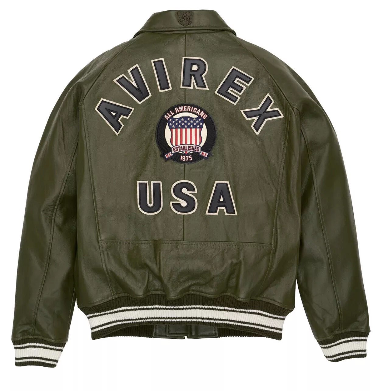 Men's AVIREX Bomber Jacket American Flight Jacket Basket Ball Olive Green Jacket Size L