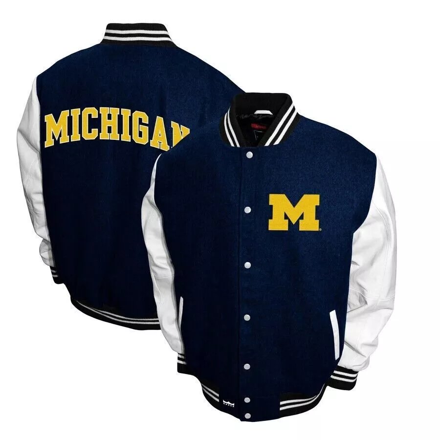Michigan Wolverines Blue And White Wool Varsity Jacket With Real Leather Sleeves All sizes